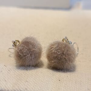 Handmade Fuzzy Tan Pom-Pom Dangle Earrings NEW Lobe Area Lightweight Ladies